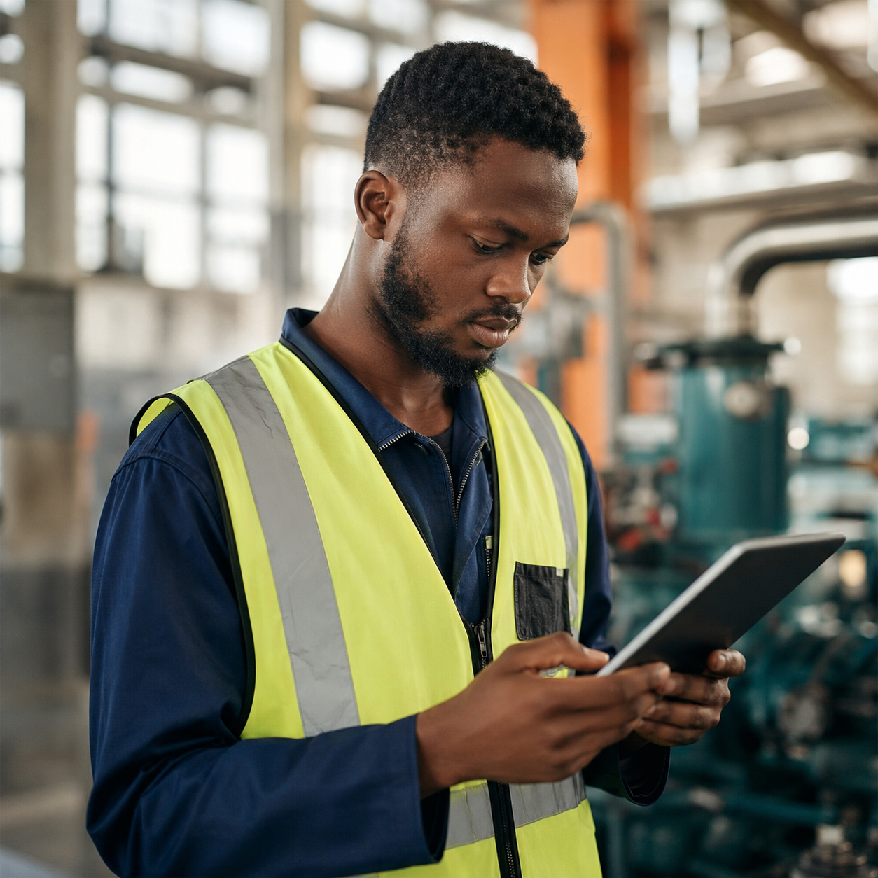 Responsable maintenance consultant un plan de maintenance préventive sur tablette en atelier industriel